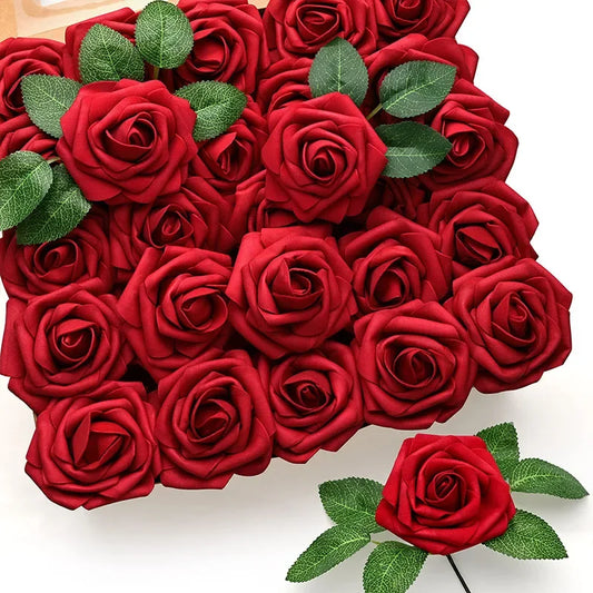 25/10PCS Artificial Flowers Red Rose Realistic Roses W/Stem for Wedding Bouquets Party Christmas Home Decorations