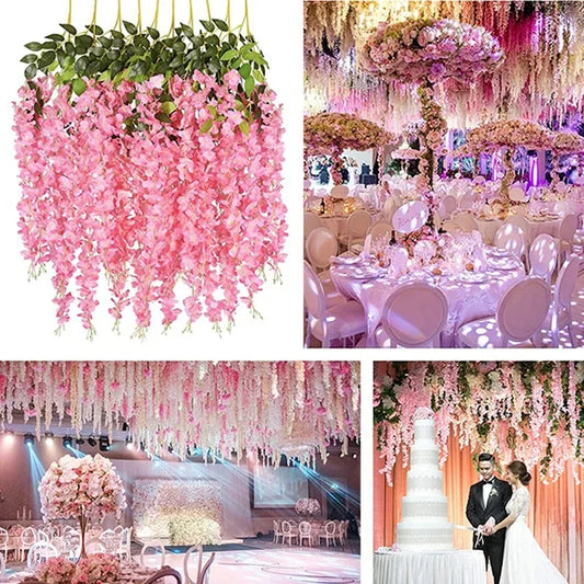 12pcs Artificial Wisteria Flowers Ratta Extra Long Thick Vine Hanging Garland Silk Wisteria Garland for Home Party Wedding Decor